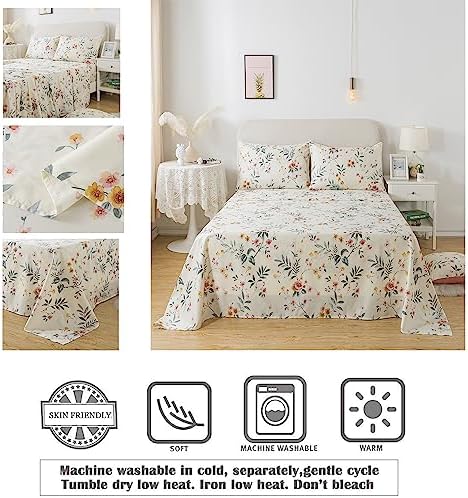 FADFAY Floral Sheets Set Full Vintage Pink Floral Bedding Shabby Beige Elegant Botanical Sheets Rustic Farmhouse Bedding 800 Thread Count 100% Egyptian Cotton Deep Pocket Fitted Sheet 4Pcs, Full Size