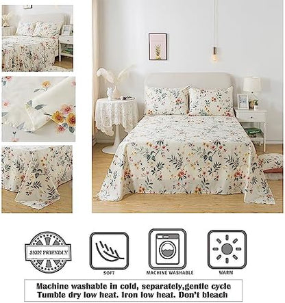FADFAY Floral Sheets Set Full Vintage Pink Floral Bedding Shabby Beige Elegant Botanical Sheets Rustic Farmhouse Bedding 800 Thread Count 100% Egyptian Cotton Deep Pocket Fitted Sheet 4Pcs, Full Size
