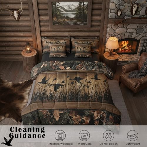 Erosebridal 7 Piece Camo Mallard Duck Comforter Set with Sheets for Kids Boys Men Rustic Farmhouse Cabin Bed in A Bag Queen,Hunting Woodland Duck Bedding Set Country Wood Board Animal Bed Set