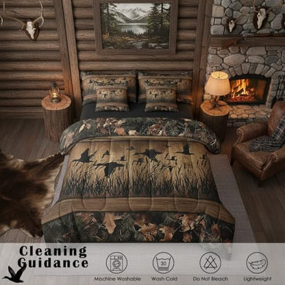 Erosebridal 7 Piece Camo Mallard Duck Comforter Set with Sheets for Kids Boys Men Rustic Farmhouse Cabin Bed in A Bag King,Hunting Woodland Duck Bedding Set Country Wood Board Animal Bed Set