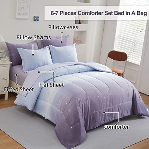 Dinjoy Girls Comforter Set Full Size Colorful Ombre Purple Rainbow Bedding Set Bed in A Bag for Kid Teen Girls 7 Pieces (1 Comforter, 1 Flat Sheet, 1 Fitted Sheet, 2 Pillow Shams, 2 Pillowcases)