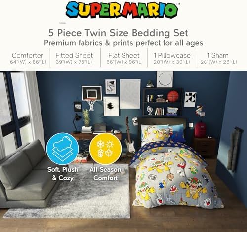 Nintendo Super Mario Bowser Bedding Set, Twin Size 5 Piece Set Kids Super Soft Cozy Reversible Comforter and Sheet Set with Sham, (100% Officially Licensed Product) by Franco