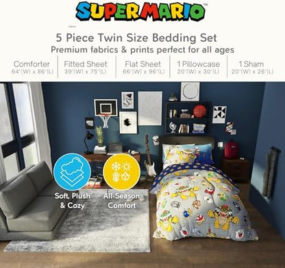Nintendo Super Mario Bowser Bedding Set, Twin Size 5 Piece Set Kids Super Soft Cozy Reversible Comforter and Sheet Set with Sham, (100% Officially Licensed Product) by Franco