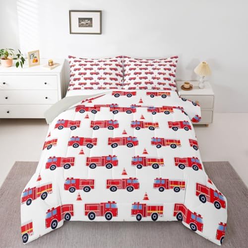 Erosebridal Cartoon Fire Truck Bedding Set King, Red Firemen Car Comforter Set, Fire Engine Comforter for Kids Men Teens Boys Room Decor, White Quilt with 2 Pillowcases, 3 Pcs, Microfiber