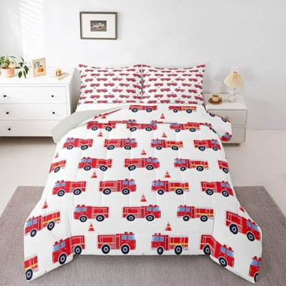 Erosebridal Cartoon Fire Truck Bedding Set King, Red Firemen Car Comforter Set, Fire Engine Comforter for Kids Men Teens Boys Room Decor, White Quilt with 2 Pillowcases, 3 Pcs, Microfiber