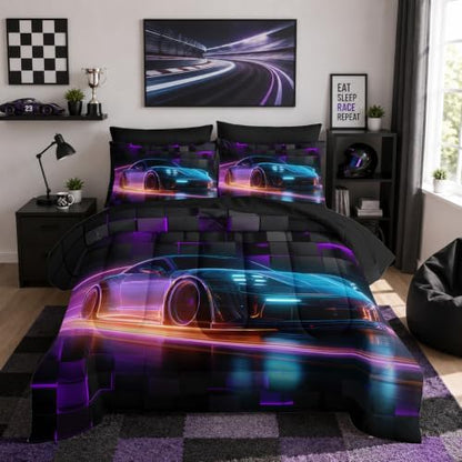 HOSIMA 7Pcs Boys Geometric Pattern Race Car Full Comforter with Sheet Set.