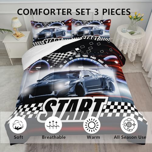 Axolotl Race Car Comforter Set King Size,Extreme Sports Bedding for Boys Teens Kids Girls Room Decor,Checkered Flag Bedding,Cool Speed Car Quilt Bed Set with 1 Comforter 2 Pillowcases