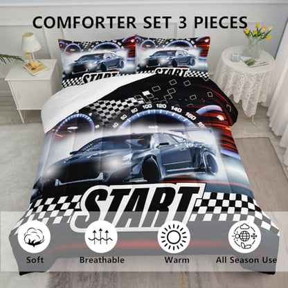 Axolotl Race Car Comforter Set King Size,Extreme Sports Bedding for Boys Teens Kids Girls Room Decor,Checkered Flag Bedding,Cool Speed Car Quilt Bed Set with 1 Comforter 2 Pillowcases