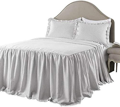 Lush Decor Ticking Stripe Bedspread Queen Size 3 Piece Set Gray - Ruffle Bedding Set Queen Bedspreads - Striped Bedding - Farmhouse & Coquette Decor