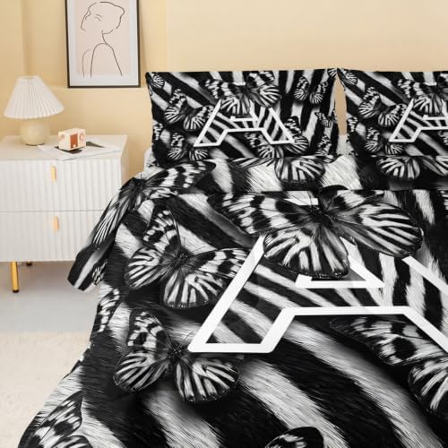 BSNTHO Butterfly Queen Size Comforter Set Zebra Stripes Kids Comforter 3Pcs