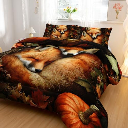 Nttopship Fox Comforter Set 3-Pieces King Size,Cute Foxes Bedding Set for Kids Boys Girls Cute Animal Comforter Wildlife Quilt Set 3D Animal Plants Leaves Printed ThemeComforter with 2 Pillowcases