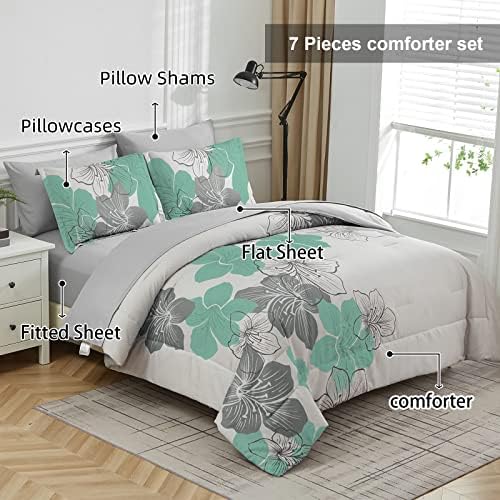 Luxudecor Floral Comforter Set Queen, 7 Pieces Aqua Green Bedding Set