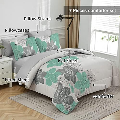 Luxudecor Floral Comforter Set Queen, 7 Pieces Aqua Green Bedding Set