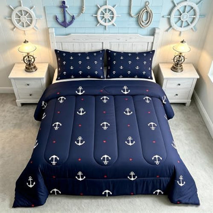 Castle Fairy Anchor Comforter Set King,Nautical Themed Bedding Set 3pcs for Kids Teens Boys Room Decor,Lovely Small Heart Bedding Comforter Navy Blue Microfiber Down Comforter with 2 Pillowcases...