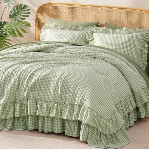 Full Size Comforter Set Green Gingham Ruffle 7 Pieces Bed in a Bag