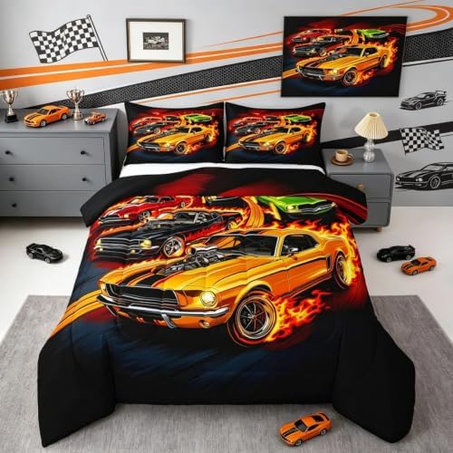 Feelyou Boys Race Car Kids Comforter Set Full Size Speed Sports Car Bedding Set Extreme Sports Duvet Quilt for Kids Boys Girls Bedroom Automobile Decor Microfiber Ultra Soft Breathable