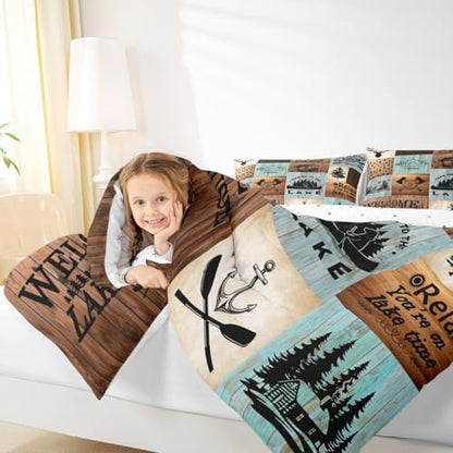 Lake House Comforter Set Queen Size,Outdoor Camping Quilt Set Fish Bear Anchor Pine Rustic Farmhouse Bedding Set Kids Boys Girls Brown Green Grid Patchwork Plaid Duvet Insert Adult Room Decor
