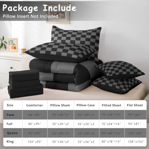 Checkered Retro Comforter Set Twin Size 7 Pieces Black Grey Plaid Bedding Set for Kids Boys Girls Geometric Vintage Bed in a Bag Modern Simple Groovy Aesthetic Bedroom Decor Quilted Lightweight