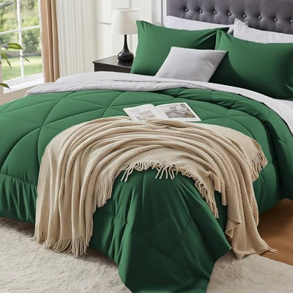 BEDELITE Full Comforter Set 7 Pieces, Reversible Dark Green Bed in A Bag