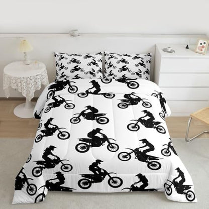 Feelyou Dirt Bike Bedding Set Soft for Boys Girls, Motocross Rider Comforter Set Queen Sporty Silhouette Design Duvet Quilt Outdoor Sports Bedroom Decor Motorcycle Art 3 Pcs with 2 Pillow Cases