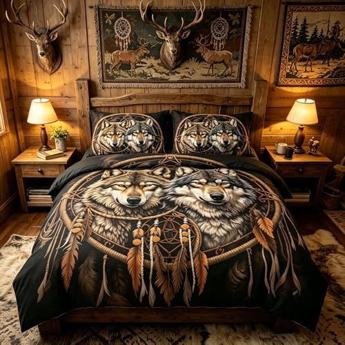 CCoutueChen Brown Wolf Bedding Set Full Size, Cabin Lodge Comforter Boho Dream Catcher Pattern- Lightweight All Season Comforter, 3 Pieces, 2 Pillowcases