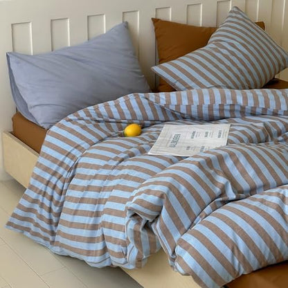 LifeTB Vintage Striped Comforter Set Full, 3 Pieces Blue Brown Stripes Pattern Printed Bedding Set, Fluffy Soft Lightweight Bedding Comforter Set, Farmhouse Striped Bed Comforter with 2 Pillowcases