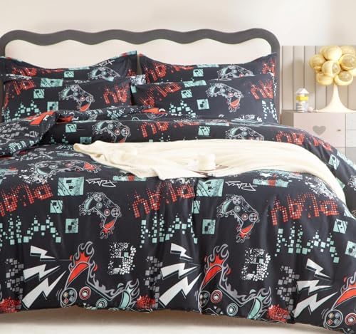 SDY 7PCS Full Size Gaming Bedding Set - Soft Video Game Comforter Set for Boys, Girls & Kids, Gamer Themed Bed Set with Comforter, Sheets & Pillowcases
