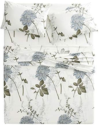 Wake In Cloud - Floral Bed Sheets, 100% Cotton, 4-Piece Sheet Set, Vintage Flower Botanical Shabby Chic Coquette Cottage Aesthetic Bedding, Deep Pocket, Gray Beige, California King Size