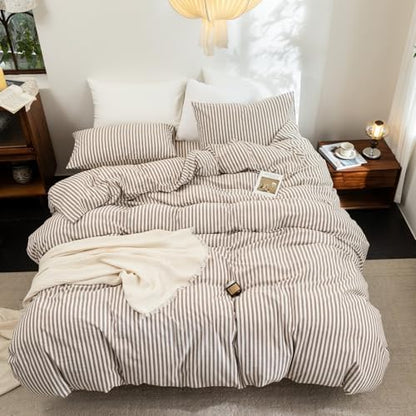FOSSA Striped Duvet Cover Set 100% Washed Cotton Linen Feel Twin