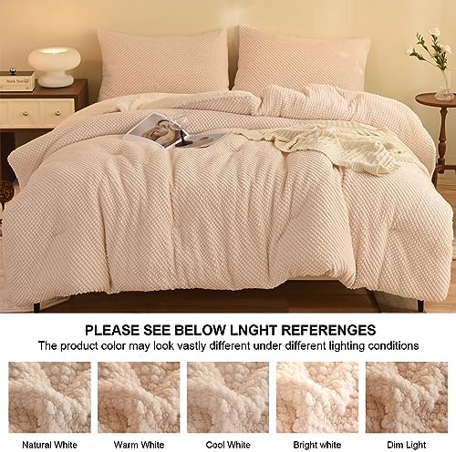 LLanCL 3D Jacquard Design Comforter Set, Ultra-Soft Warm Full Size Sherpa Fur Plush 3-Pieces Sets Luxury Cozy Bedding with 2 Pillowcases (80"x90", Cream White)