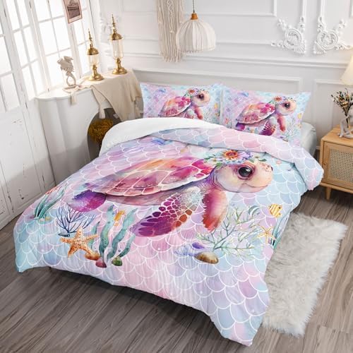 Axolotl Turtle Bedding Set King for Kids Boys,Colorful Underwater World Comforter Set for Girls Teens,Ocean Sealife Comforter with Jellyfish,Colorful Fish Scales Print Bedding,1 Quilt 2 Pillowcases