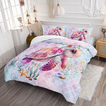 Axolotl Turtle Bedding Set King for Kids Boys,Colorful Underwater World Comforter Set for Girls Teens,Ocean Sealife Comforter with Jellyfish,Colorful Fish Scales Print Bedding,1 Quilt 2 Pillowcases