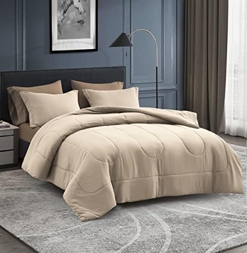 Maple&Stone Full Comforter Set 7 Pieces Bed in a Bag Beige Bedding Set