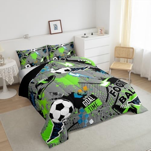 Erosebridal Boys Soccer King Size Comforter Set for Kids Teens Adults,Lightning Football Bedding Set,Sports Lover Duvet Insert,Sports Game Bed Set for All Season