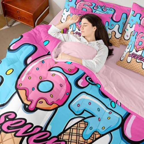 Erosebridal Six Seven Girls Queen Comforter Set 7 Piece Funny Fashion Number 67 Bedding Set for Kids Teen Women,Pink Blue Ice Cream Drip Bed in A Bag Girly Trendy Bed Sets for Birthday Gifts