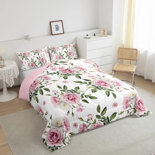jejeloiu Pink Rose Comforter Set Toddler Size Kids Vintage Floral Flower Bedding Set Boys Girls Botanical Green Leaves Duvet Breathable Blossom Plant Quilt Bedroom Decor,1 Comforter with 1 Pillowcase