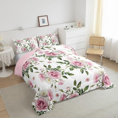 jejeloiu Pink Rose Comforter Set Toddler Size Kids Vintage Floral Flower Bedding Set Boys Girls Botanical Green Leaves Duvet Breathable Blossom Plant Quilt Bedroom Decor,1 Comforter with 1 Pillowcase