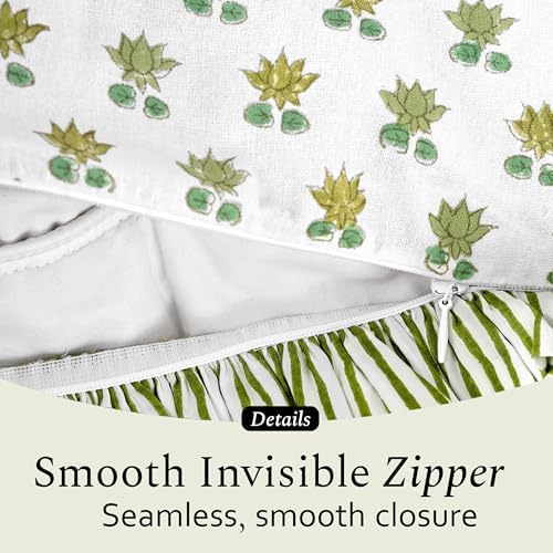 CPC Block Print Lotus Meadow Ruffle Cotton Lumbar Pillow Cover 12x20 inch