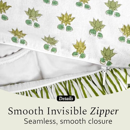 CPC Block Print Lotus Meadow Ruffle Cotton Lumbar Pillow Cover 14x36 inch