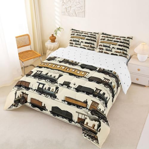 Erosebridal Vintage Steam Train Kids Comforter Sets Travel Locomotive Train Queen Bedding Set for Boys Girls Transport Vehicle Comforter Set Steampunk Railway Quilt Duvet 3 Pcs Beige