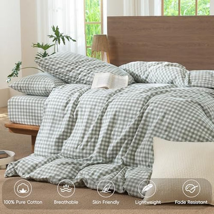 MooMee Gingham Duvet Cover Set 100% Washed Cotton Linen Like