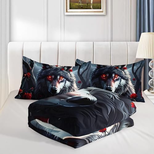 Wolf Bedding Comforter Sets Full Size,Moon Night Forest Floral Printed Bedding Set for Kids Girls Boys Room Decor,Western Animal Themed Bedding Comforter Sets with 2 Pillowcases.