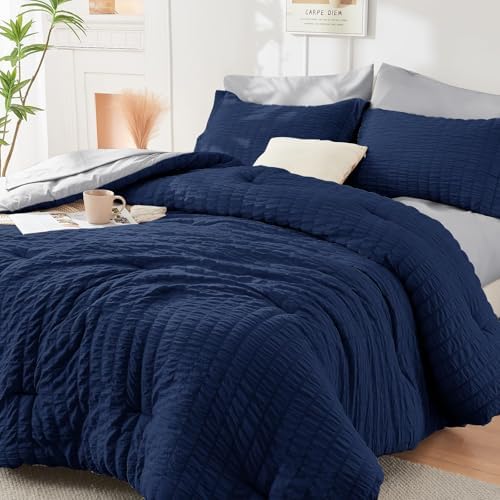 HYMOKEGE Navy Blue/Light Grey California King Comforter Set Seersucker 7 Pieces, All Season Luxury Bed in a Bag for Bedroom, Bedding Set with Comforter, Sheets, Pillowcases & Shams
