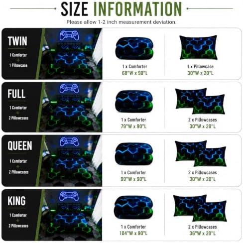 Castle Fairy Honeycomb Bedding Comforter Set Twin Size,Hexagon Theme with Green Blue Neon Lights Quilt Set,Boys Teen Man Chic Creative Home Bedding Set 2pcs Duvet Insert with 1 Pillowcase,Black