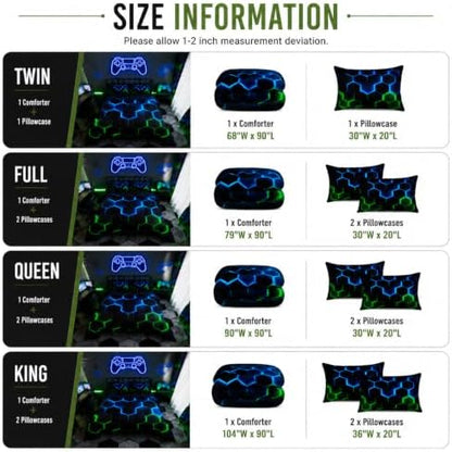 Castle Fairy Honeycomb Bedding Comforter Set Twin Size,Hexagon Theme with Green Blue Neon Lights Quilt Set,Boys Teen Man Chic Creative Home Bedding Set 2pcs Duvet Insert with 1 Pillowcase,Black