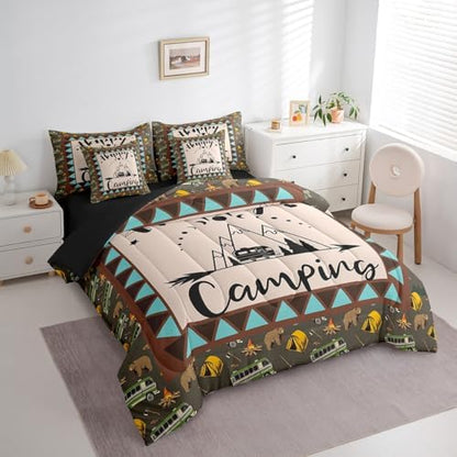 Erosebridal Kids Camping 7 Piece Comforter Set Queen Bed in a Bag,Camper Accessories Sheets,Rustic Farmhouse Bedding Set for Kids Boys Teens,Sketch Drawing Quilt Comforter for Travel Trailers