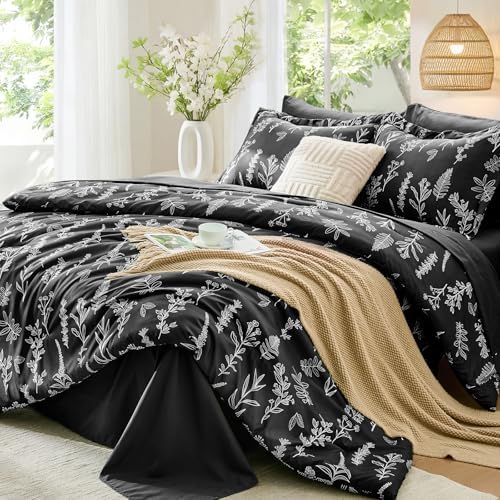 MUXHOMO Black Twin Comforter Set, Elegant Floral Print Bed in a Bag 5 Pieces, Ultra Soft & Breathable Reversible Botanical Pattern Bedding Set with Comforter, Sheets, Pillowcase, and Sham