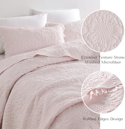 HORIMOTE HOME Pink Ruffled Quilt Twin Size, Stone-Washed Microfiber Lightweight Crinkled Farmhouse Rustic Shabby Chic Bedding Set, 2 Pieces Reversible Bedspread with Pillow Sham for All Season