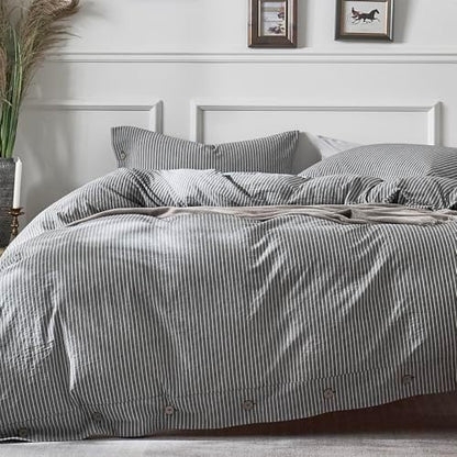 JELLYMONI Cotton Duvet Cover Queen Size - Black Vertical Pinstriped Comforter Cover with Button 100% Washed Cotton 3PCS Breathable Soft Solid Bedding Set Duvet Cover 90×90in & 2 Pillowcases