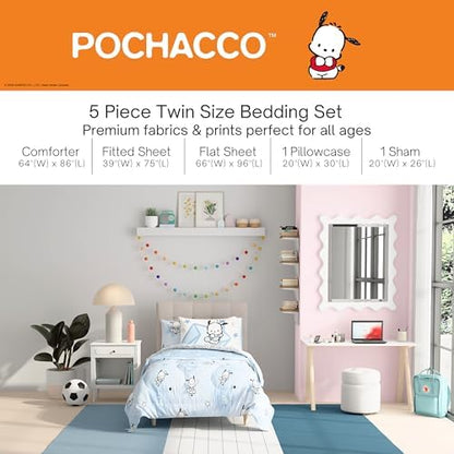Sanrio Pochacco Bedding 5 Piece Super Soft Cozy Reversible Comforter and Sheet Set with Sham, Twin, (Officially Licensed Product) By Franco